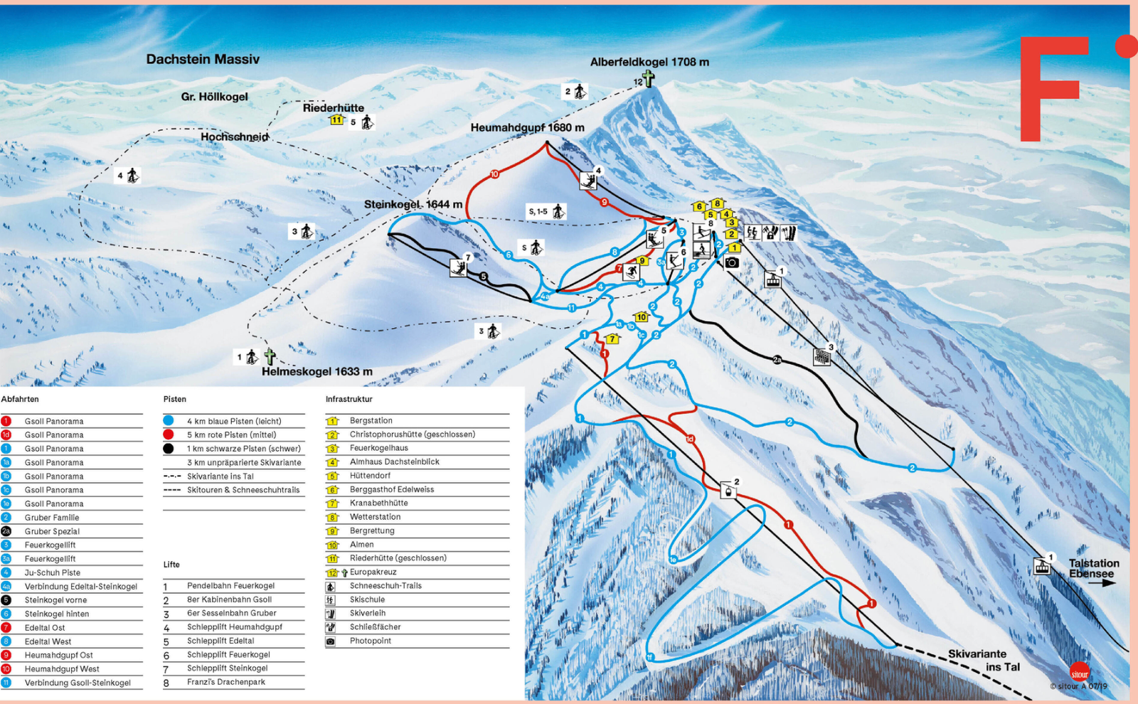 Feuerkogel piste map showing ski runs, lifts, huts and snowshoe routes